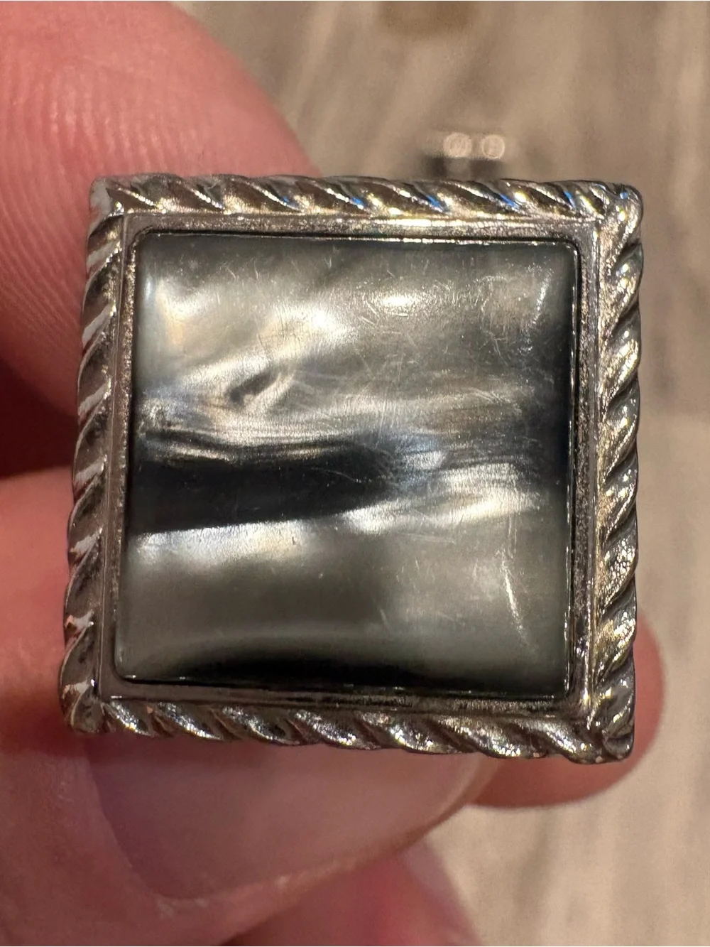 Silver Tone Cuff Links With Large Square Black/ White Swirl Inlay Stone
